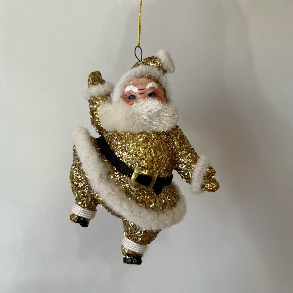 Vintage Gold Glitter Santa Ornament 50’s
